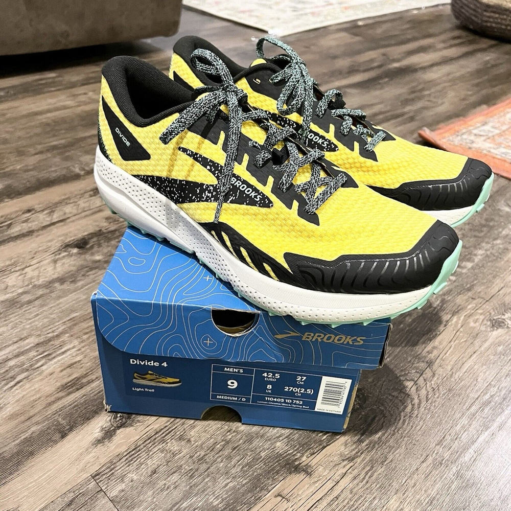 NEW Brooks Divide‎ 4 Light Trail Men Shoe- Lemon Chrome/Black/Spring Bud- SZ 9M